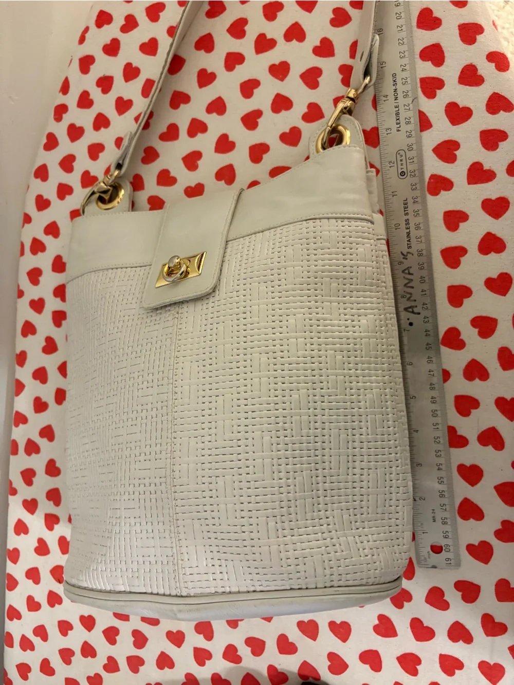 Unique Vintage 80s white designer bucket bag gold tone hardware